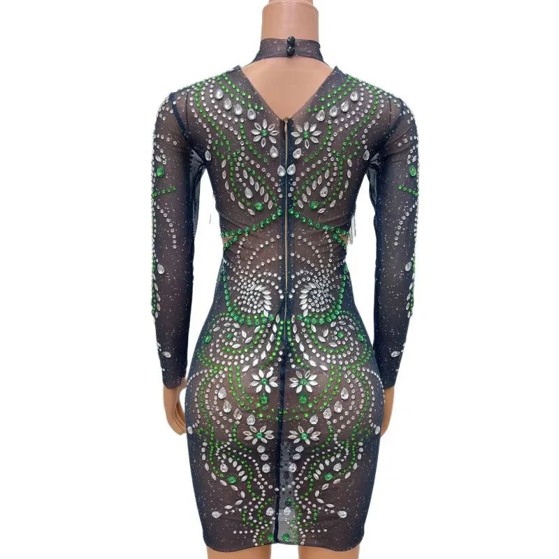 Glittering Glamour: Emerald Enchantment Rhinestone Chains Dress