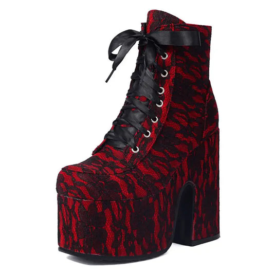 Velvet Lace-Up Platform Boots | Black · Red