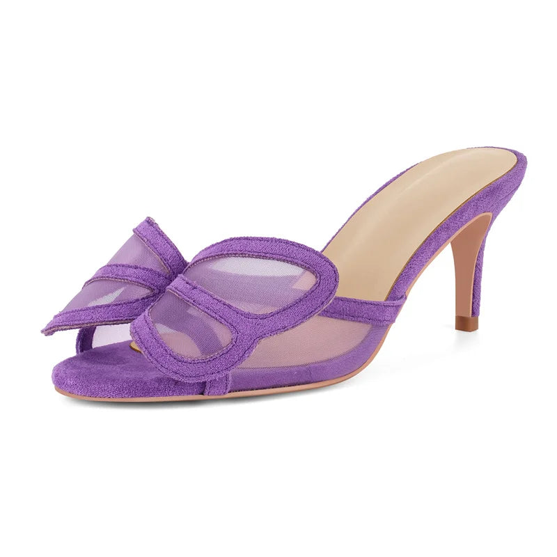 Faux Suede Peep Toe Mules - Kitten Heel Slip-On Sandals