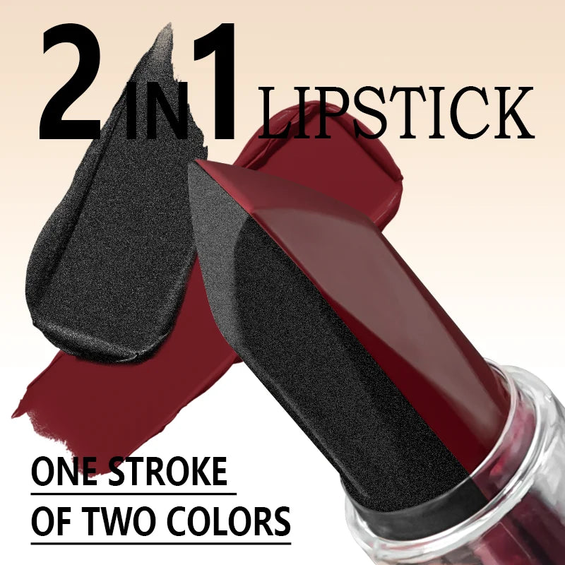 2-in-1 Waterproof Glitter Lipstick – Black & Burgundy Dual-Tone, All-Day Wear