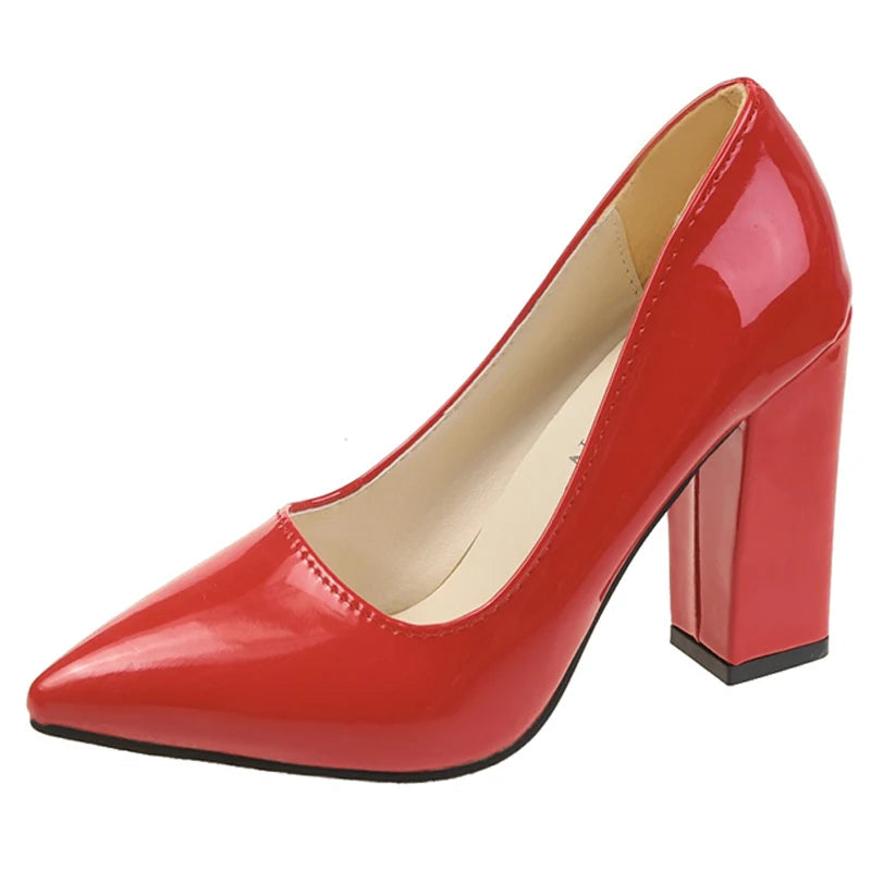 10cm Square Heel Pump – Patent Leather Pointed Toe | 12 Colors | US 9–19