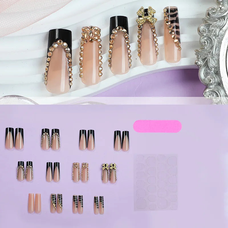 Phata Morgana Luxury Press-On Nails – Black French Tips with Diamonds & Bow