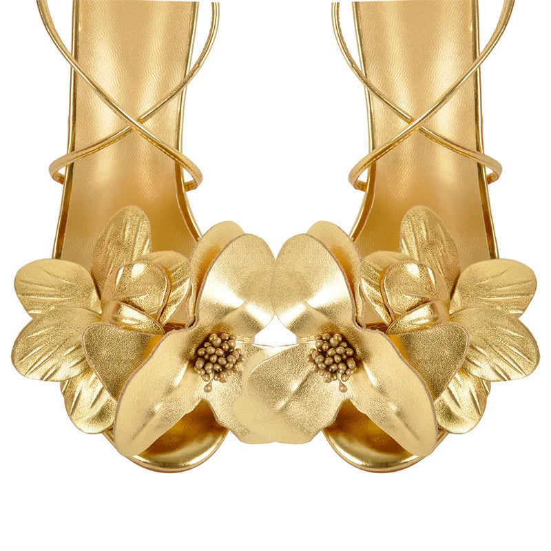 Golden Bloom Goddess Heels – Luxe Floral Drag Sandals (US 5–15)