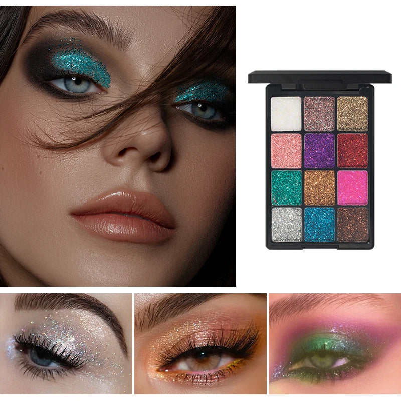 12-Color Glitter Eyeshadow Palette | Diamond Metal & Matte Shades