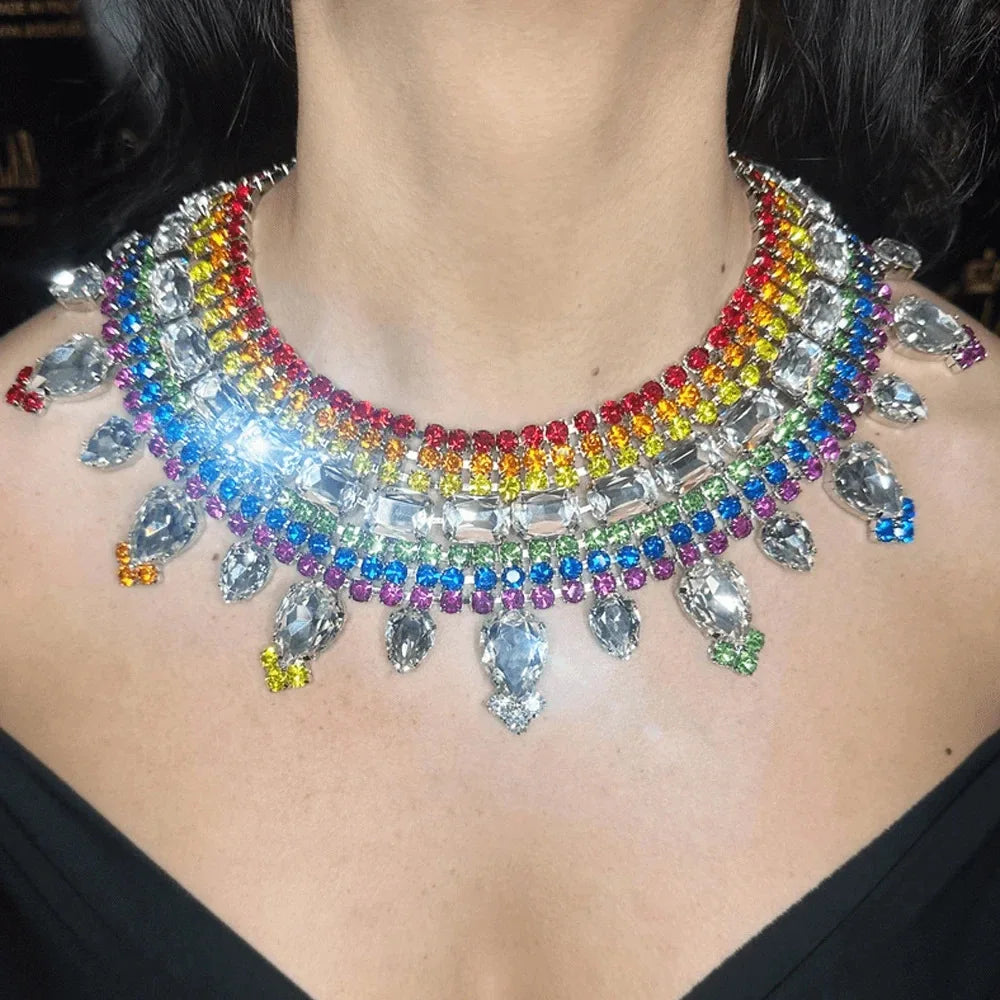 Rainbow Rhinestone Tassel Jewelry Set – Drag & Bridal Statement Accessories