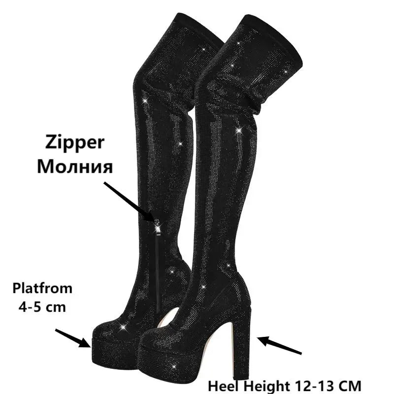 Slay the Runway: Dazzle in Black Rhinestone Platform Over The Knee Boots for Ultimate Glam!