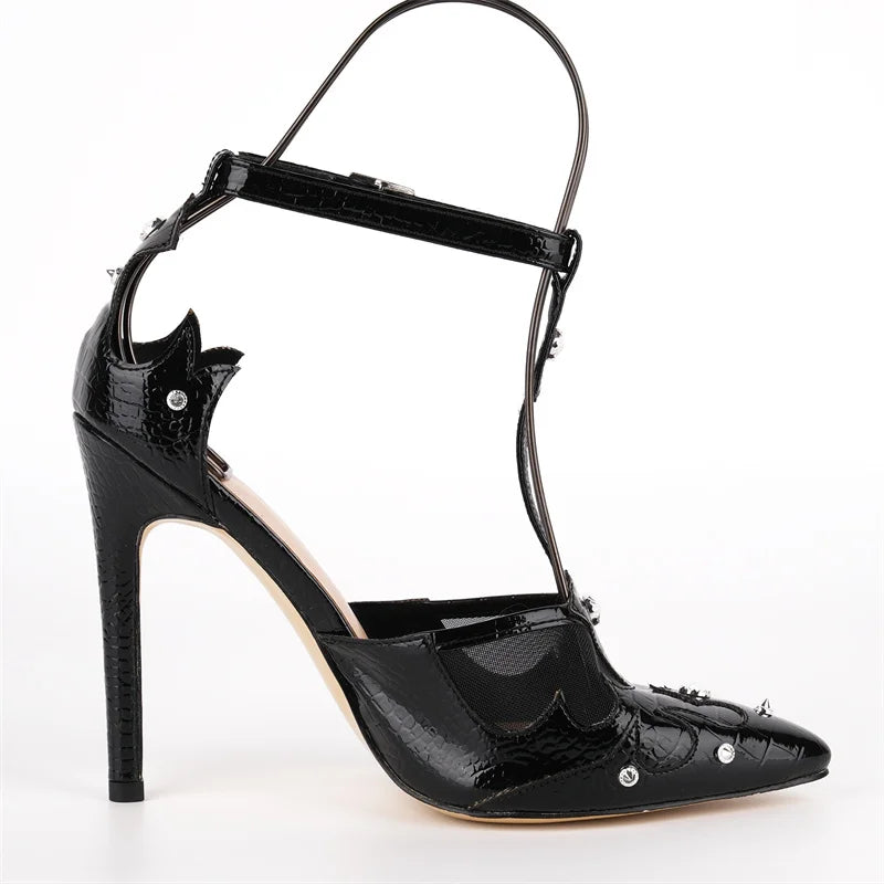 Patent Leather Pointed Toe T-Strap Pumps - Stiletto Heels