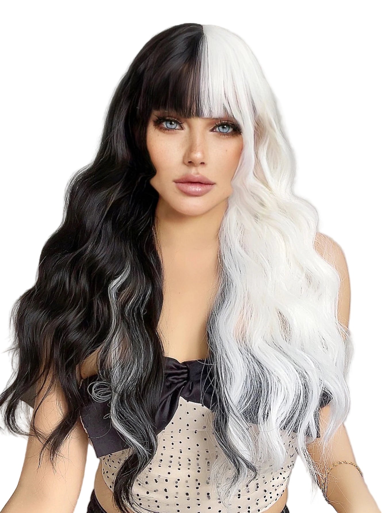 28-Inch Black & White Split Wig – Long Wavy Drag Queen Heat-Resistant Hair with Bangs