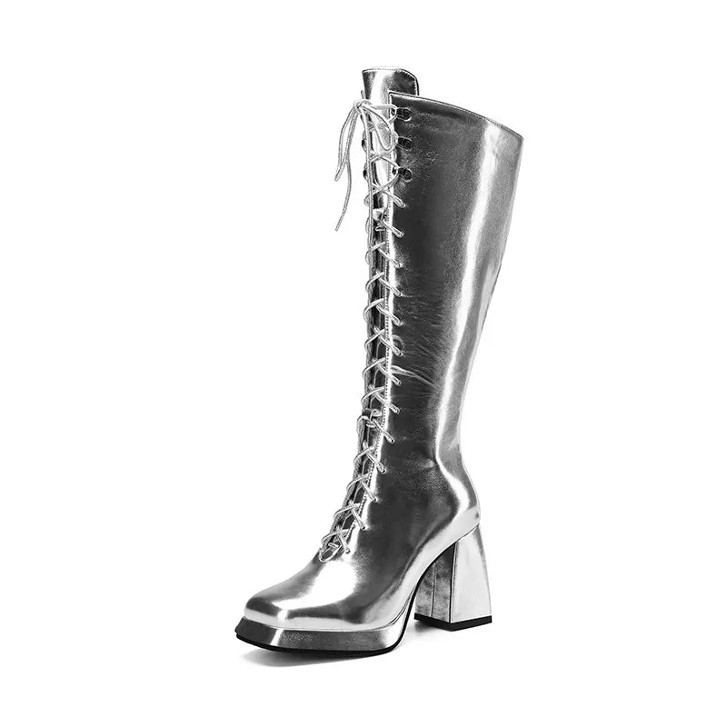 Glam Metallic Lace-Up Knee-High Boots – Bold Performance Statement