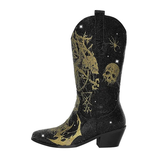 Strut in Stardust: GlamRock Rhinestone-Calf Western Skull Boots for Bold Beauties