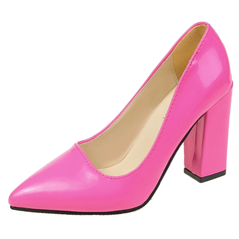 10cm Square Heel Pump – Patent Leather Pointed Toe | 12 Colors | US 9–19