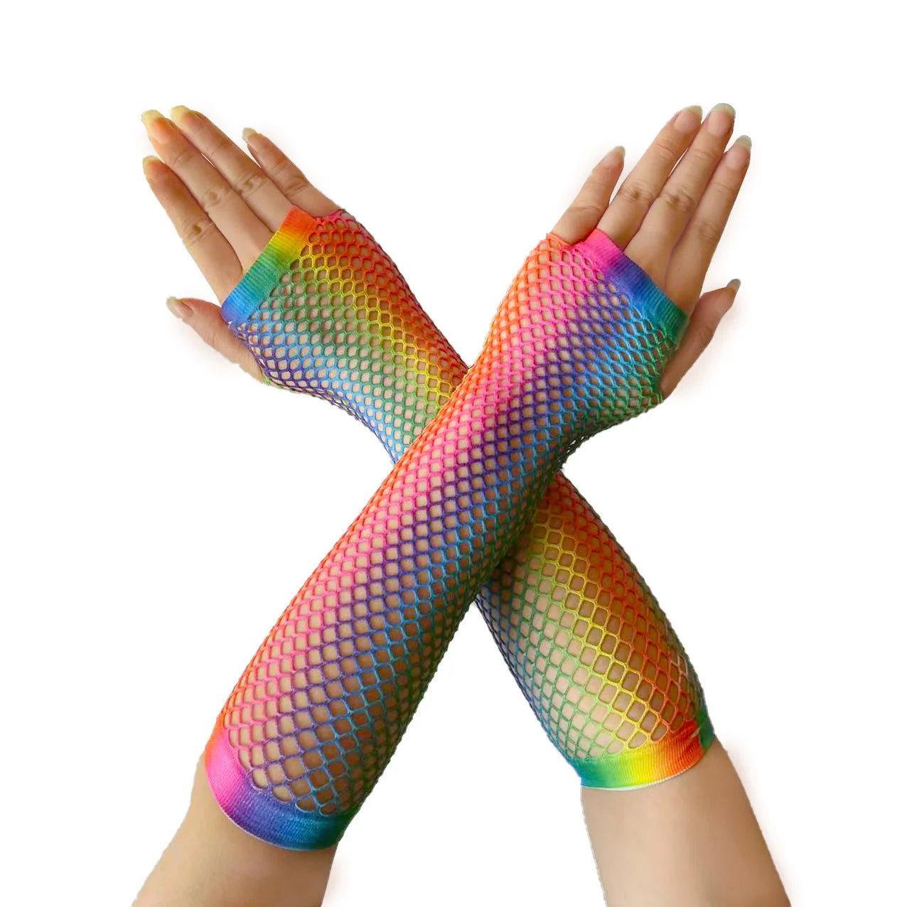 Rainbow Fishnet Elbow Gloves | Half-Finger Net Gloves | Pride, Drag & Festival Accessory