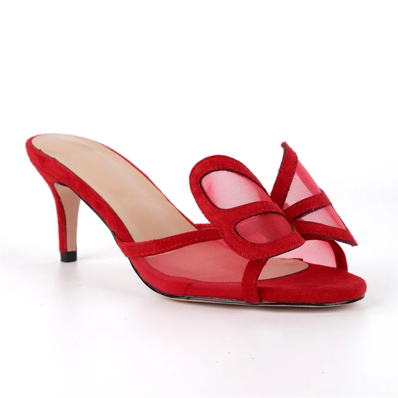 Faux Suede Peep Toe Mules - Kitten Heel Slip-On Sandals