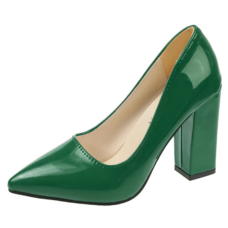 10cm Square Heel Pump – Patent Leather Pointed Toe | 12 Colors | US 9–19