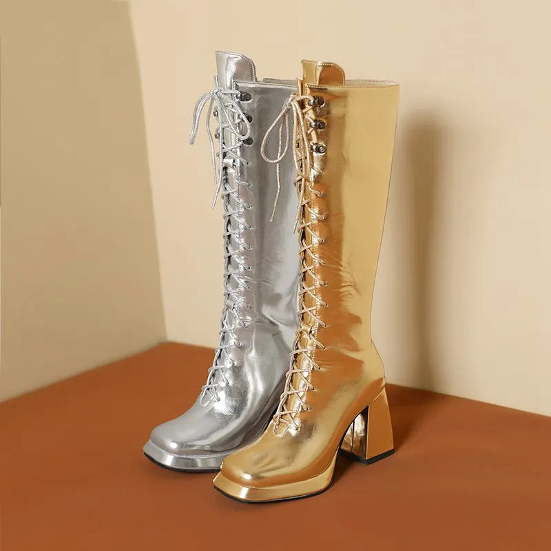Glam Metallic Lace-Up Knee-High Boots – Bold Performance Statement
