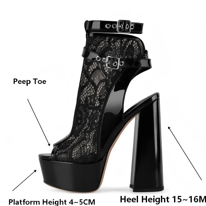 Lace Peep-Toe Platform Ankle Boots