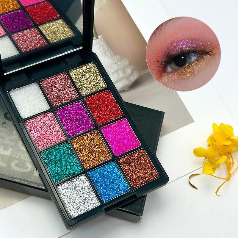 12-Color Glitter Eyeshadow Palette | Diamond Metal & Matte Shades