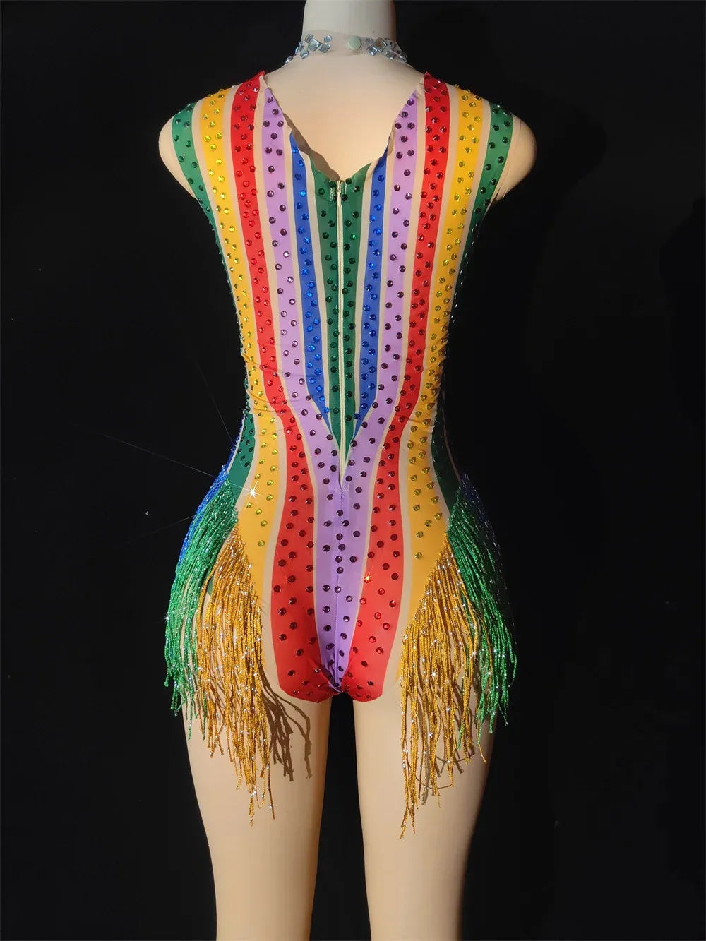 Rainbow Rhinestone Fringe Bodysuit – Drag Queen Stage Leotard