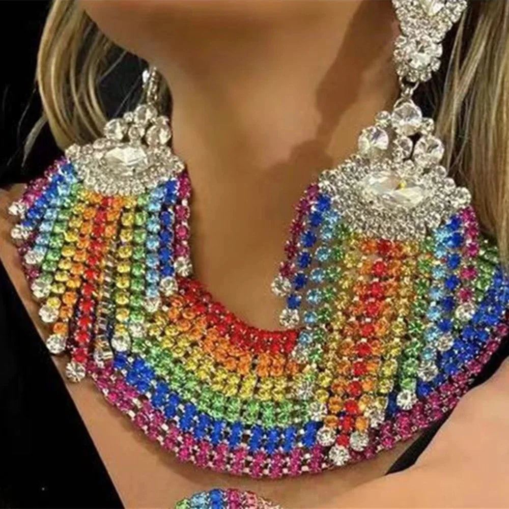 Rainbow Rhinestone Tassel Jewelry Set – Drag & Bridal Statement Accessories
