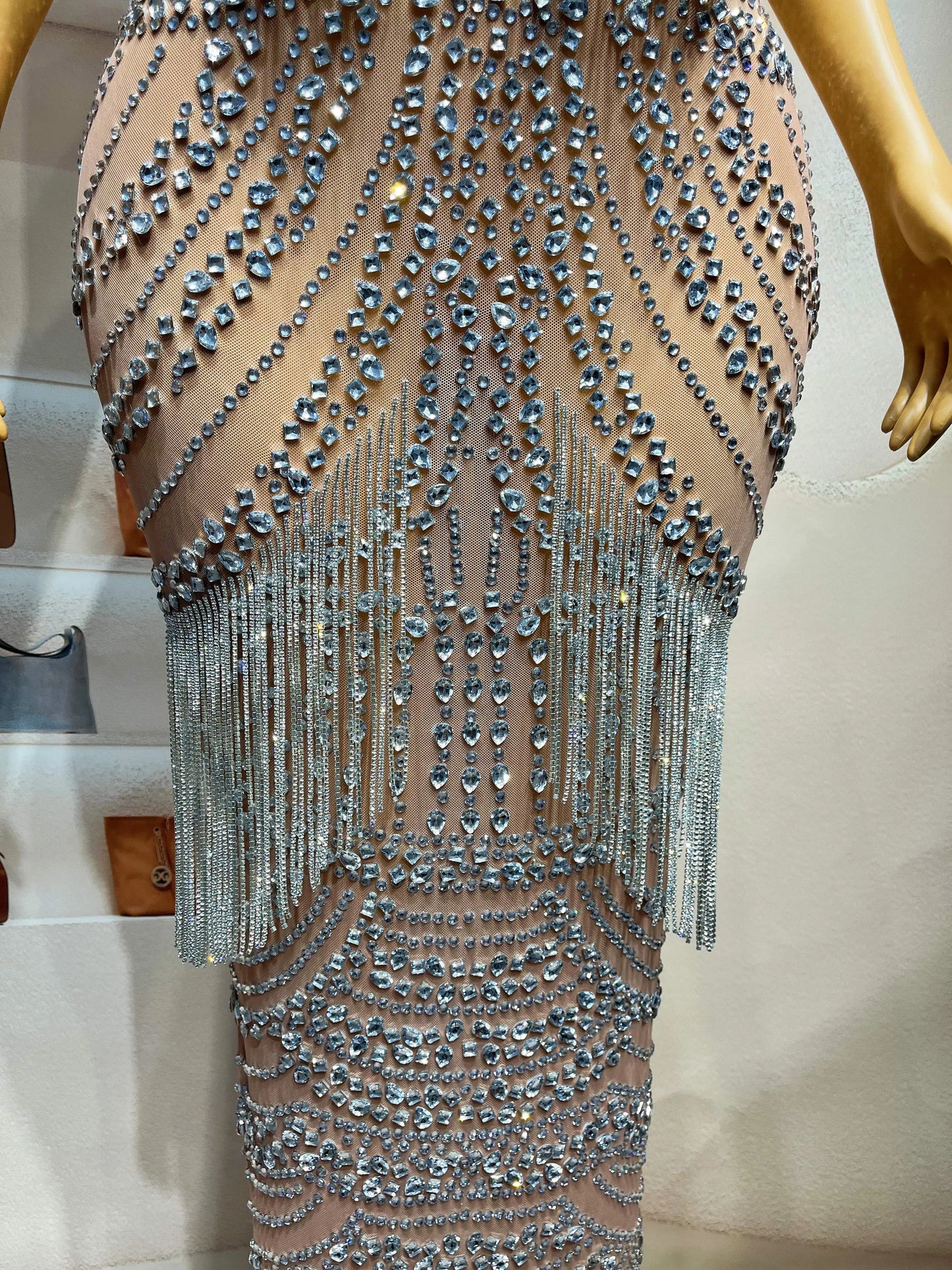 Glitz & Glamour Extravaganza: Bedazzled Crystal Fringe Stretch Dress