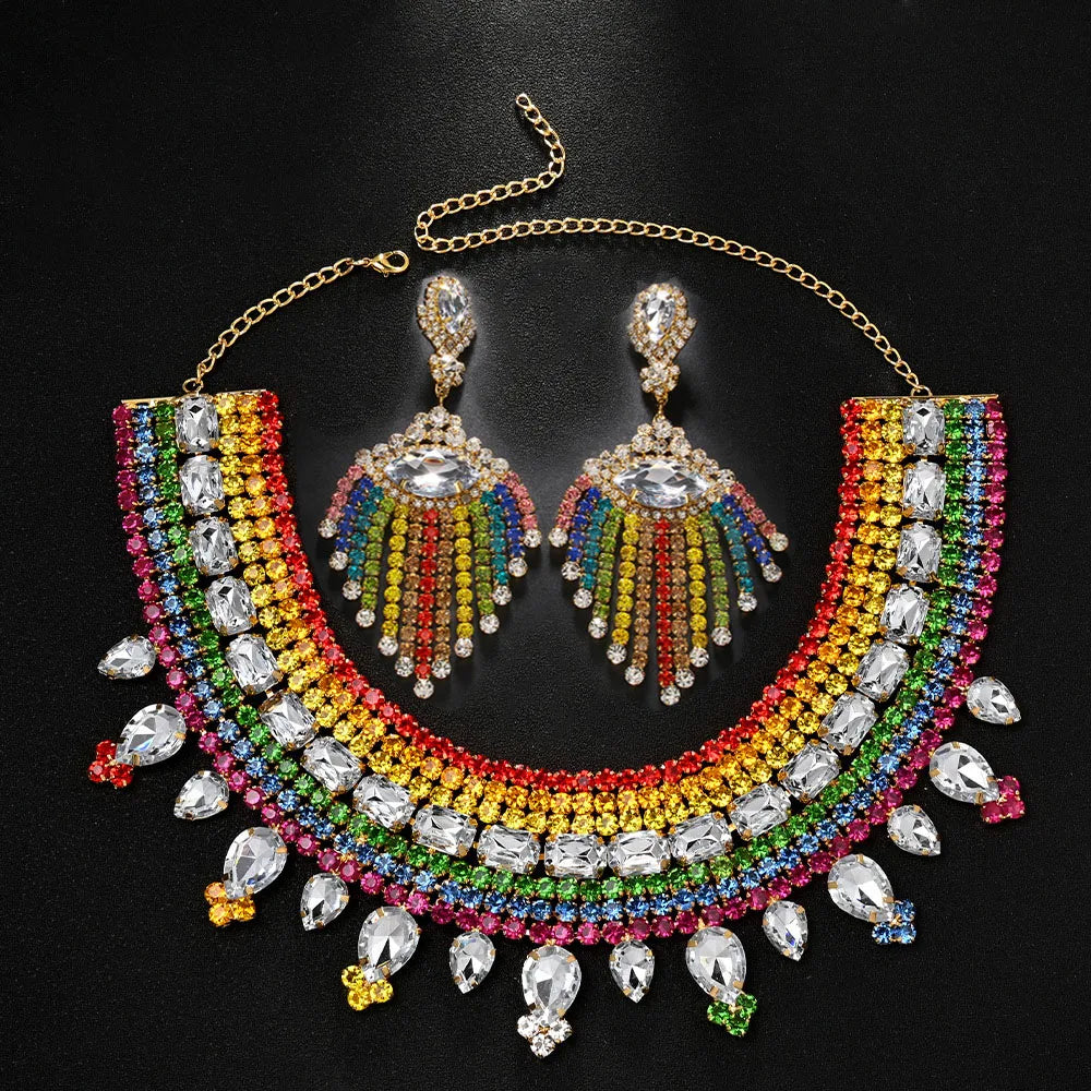 Rainbow Rhinestone Tassel Jewelry Set – Drag & Bridal Statement Accessories