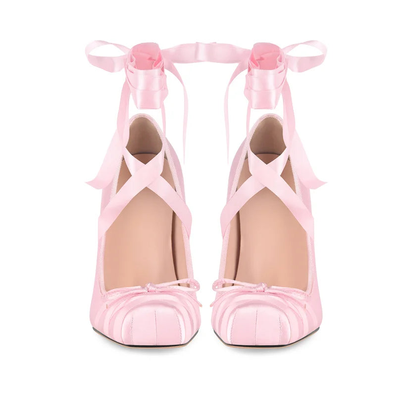 Satin Square Toe Pumps - Lace-Up Ankle Strap Stiletto Heels