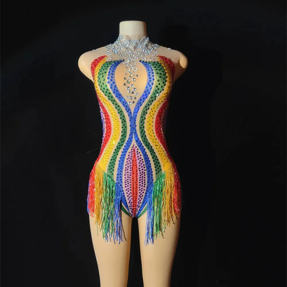 Rainbow Rhinestone Fringe Bodysuit – Drag Queen Stage Leotard