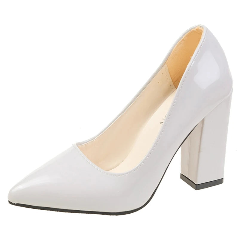 10cm Square Heel Pump – Patent Leather Pointed Toe | 12 Colors | US 9–19