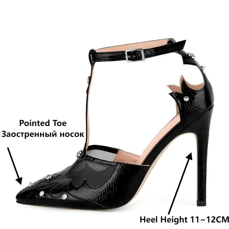 Patent Leather Pointed Toe T-Strap Pumps - Stiletto Heels