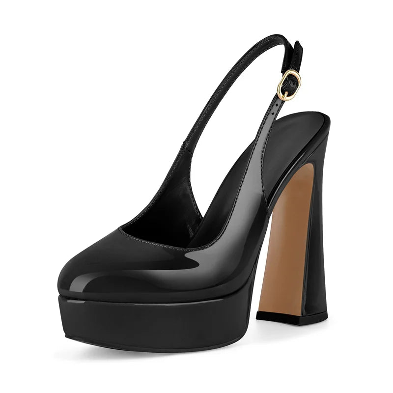 Patent Leather Slingback Pumps - Round Toe Hoof Heel Pumps