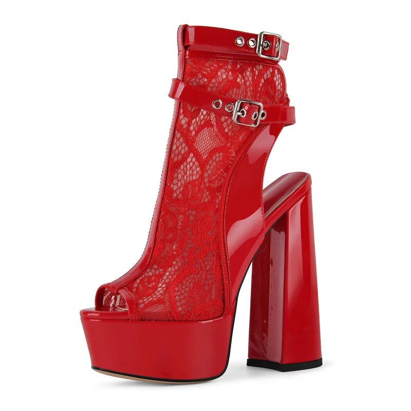 Lace Peep-Toe Platform Ankle Boots