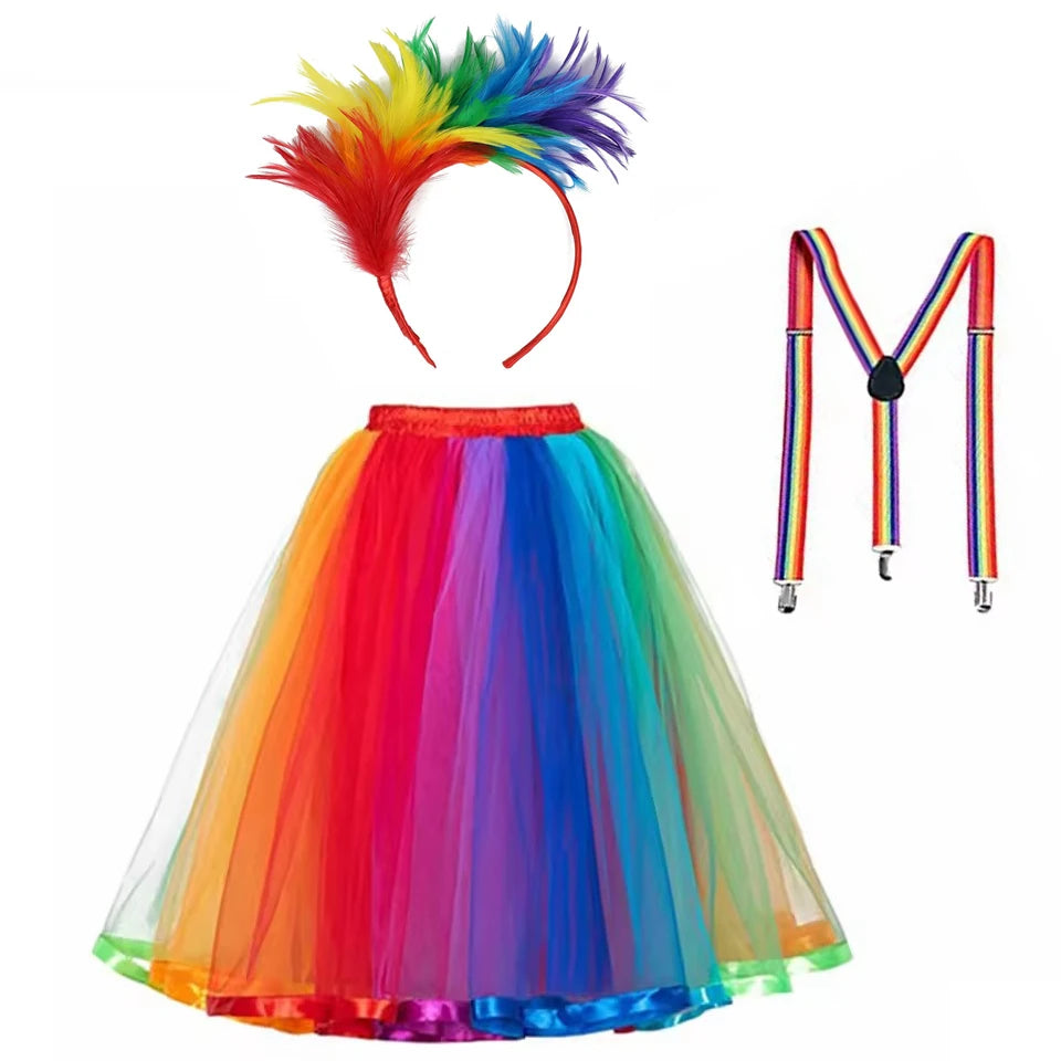 Rainbow Pride Festival Costume Set | Tutu Skirt, Headband, Suspenders, Arm Sleeves & Socks | 3pc or 5pc