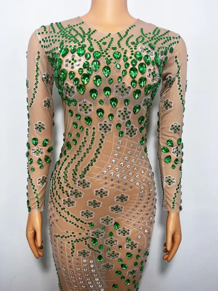 Transparent Green Crystal Rhinestones Mesh Long Dress