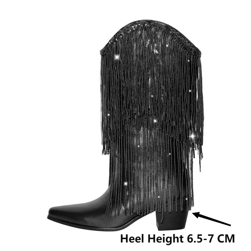 Slay All Day: Sparkle in Black Rhinestone Fringe Cowboy Boots - Mid-Calf Majesty for Every Queen!