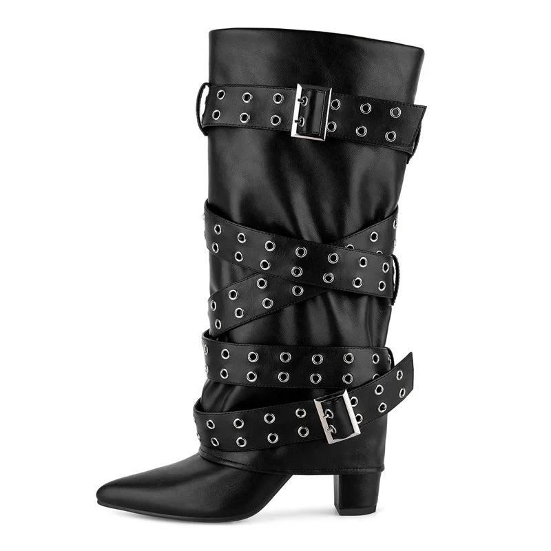 Mid-Calf Boots - Fold-Over Buckle Strap Chunky Heel Boots