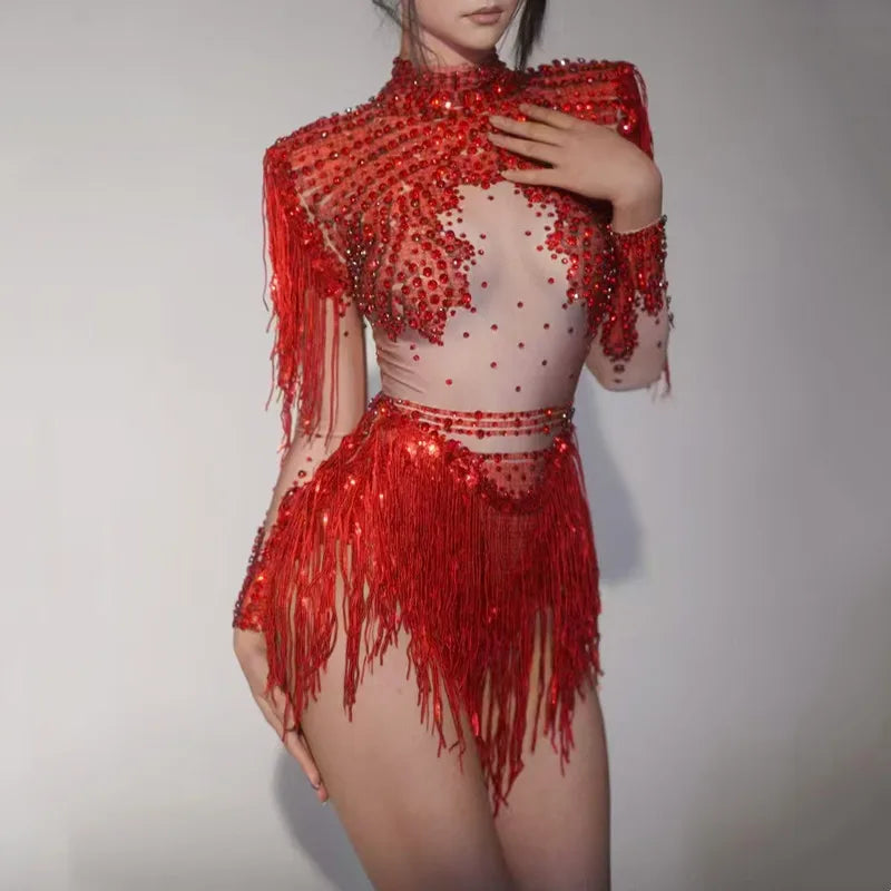 Sparkly Fringe Crystal Bodysuit - Silver & Red Rhinestone Drag Queen Outfit for Stage Glam