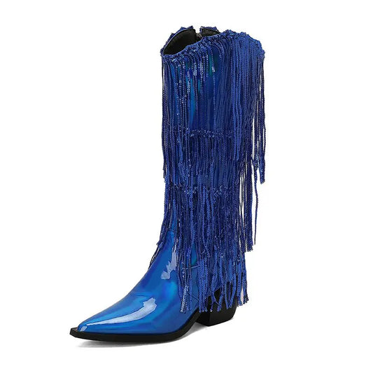 Sequin-Fringe Showstopper Boots | White · Silver · Red · Black · Blue
