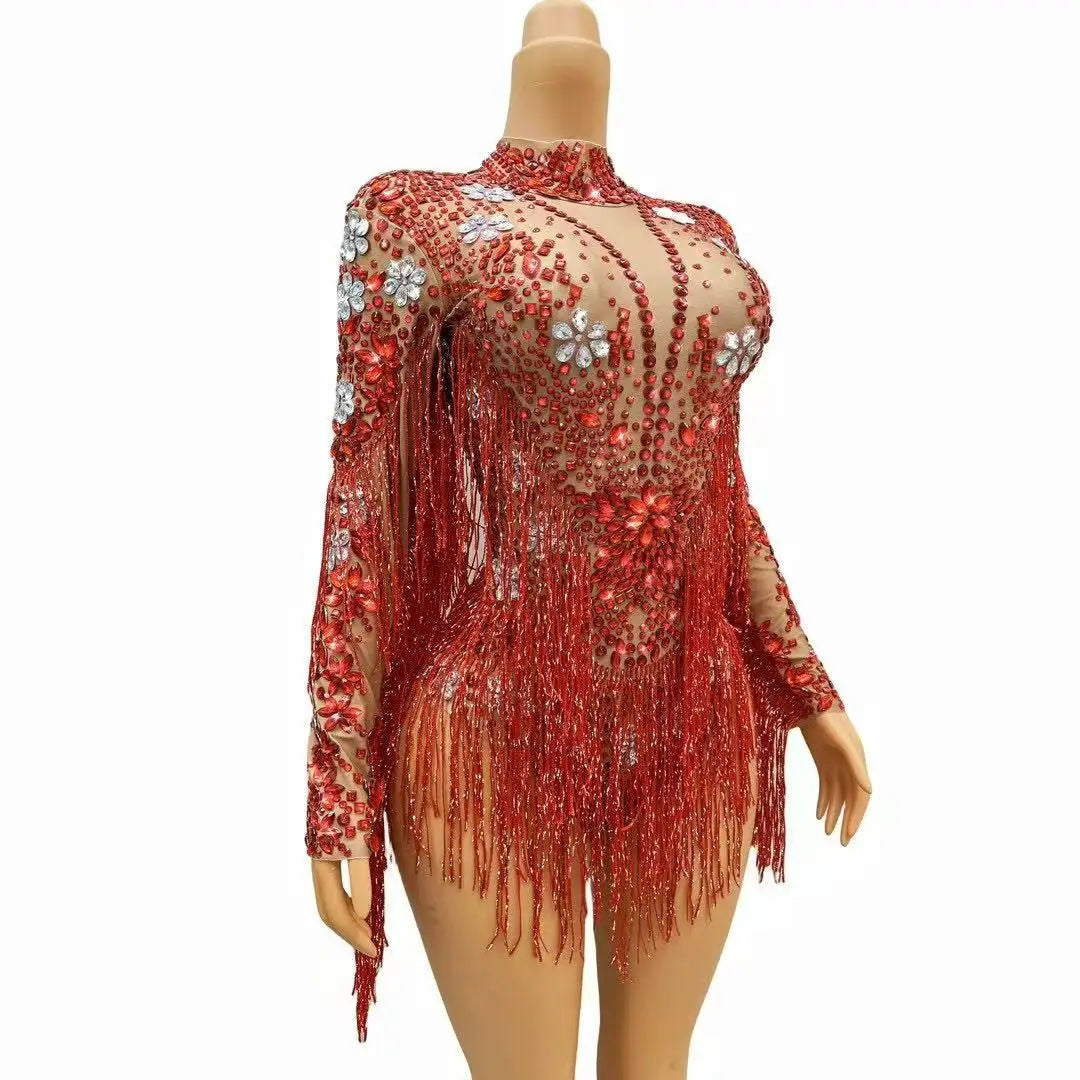 Crystal Fringe Drag Performance Dress – Sparkly Stage Costume