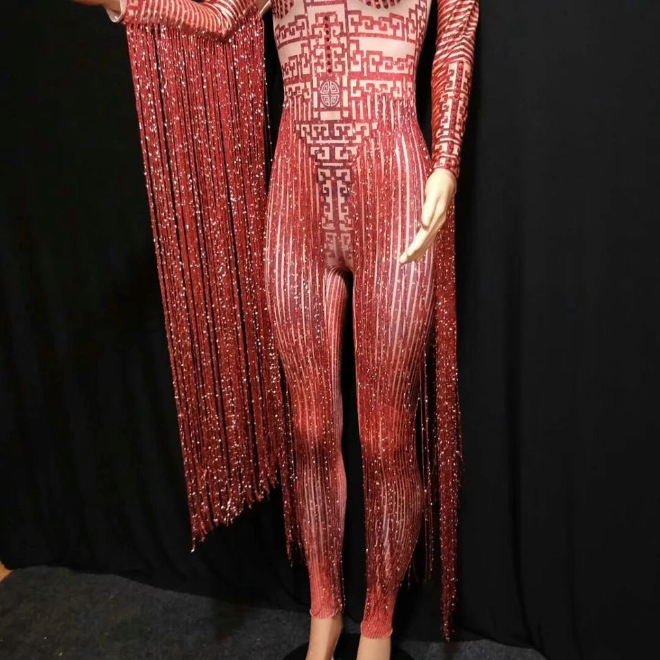 Shining Rhinestone Red Fringe Jumpsuit – Long Sleeve Drag Queen Stage Slay