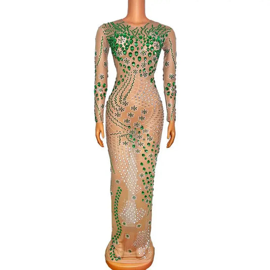 Transparent Green Crystal Rhinestones Mesh Long Dress