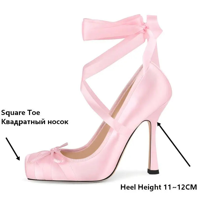 Satin Square Toe Pumps - Lace-Up Ankle Strap Stiletto Heels