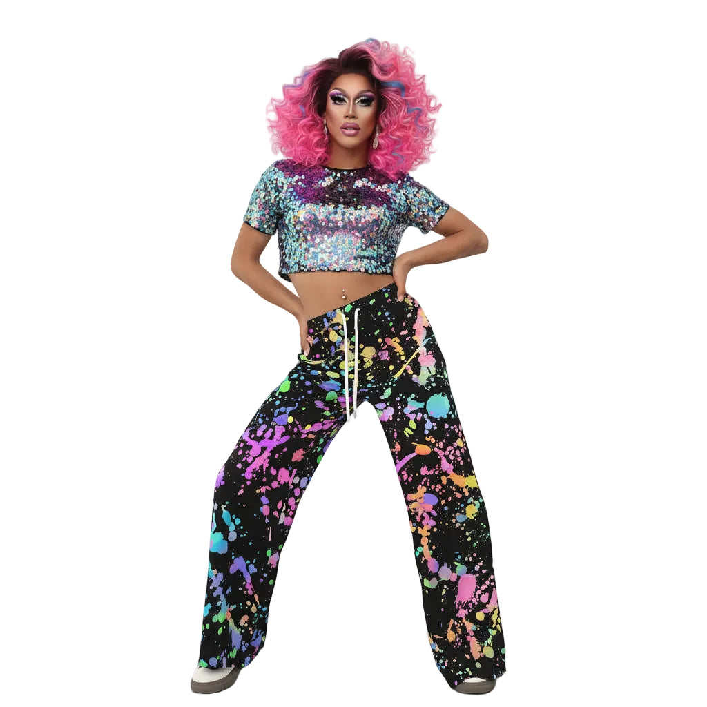 Rainbow Paint Splatter Pride Pants | Wide-Leg Festival Trousers