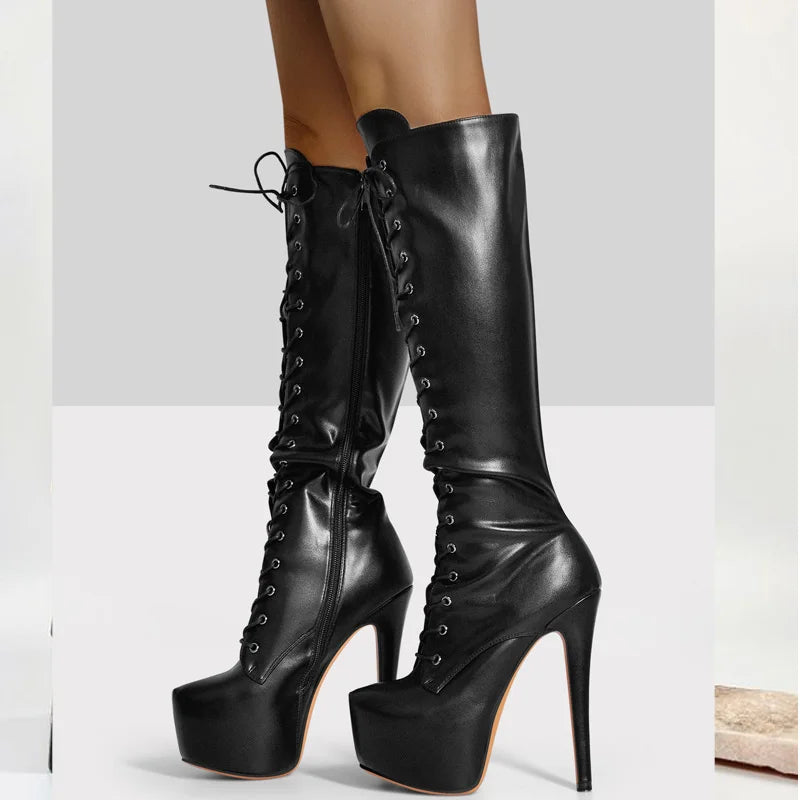 Pointed Toe Platform Knee-High Boots - Lace-Up Side Zipper Heels
