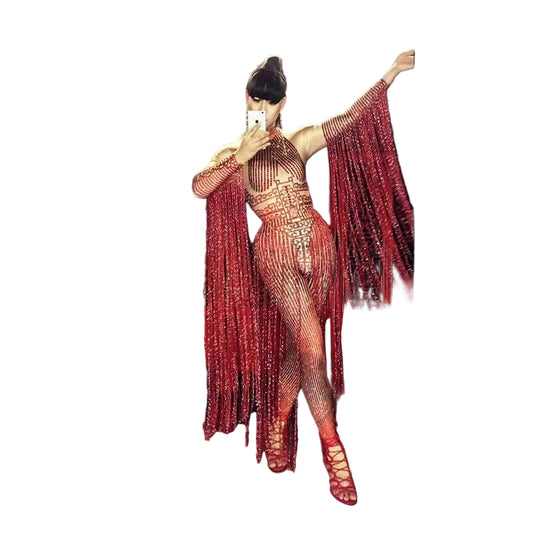 Shining Rhinestone Red Fringe Jumpsuit – Long Sleeve Drag Queen Stage Slay