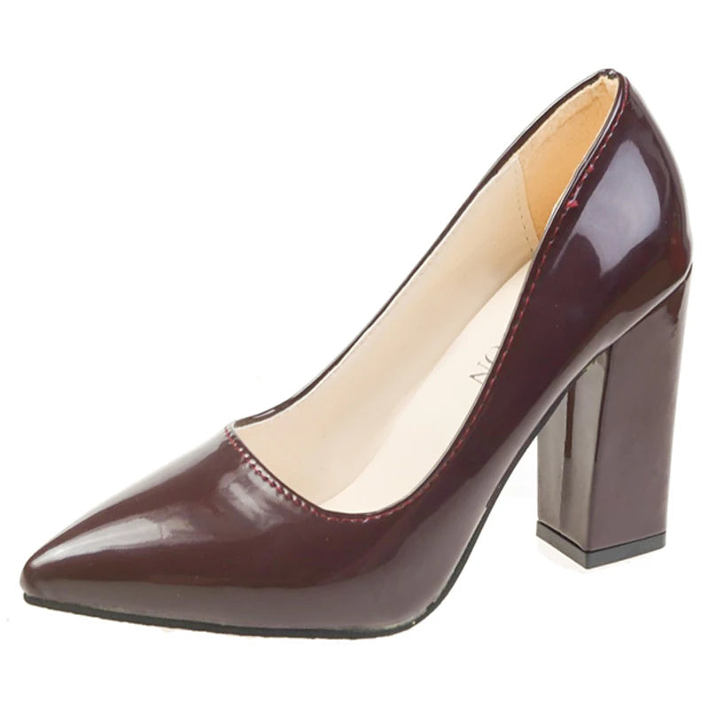 10cm Square Heel Pump – Patent Leather Pointed Toe | 12 Colors | US 9–19
