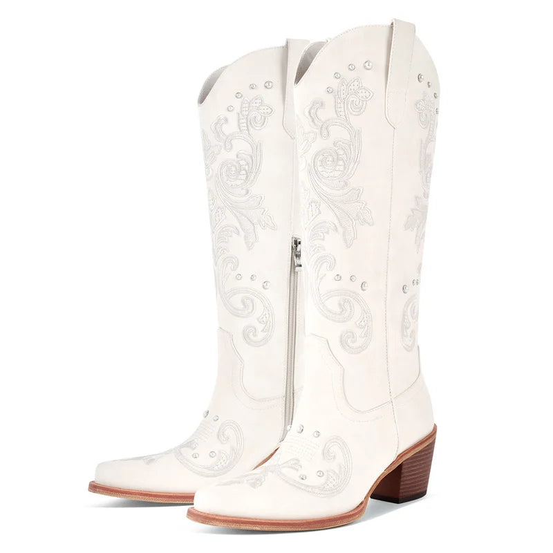 Desert Dazzle White Western Boots – Embroidered Drag Cowgirl Chic
