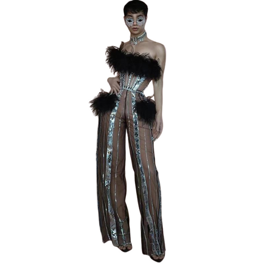 Transparent Drag Queen Feather Jumpsuit