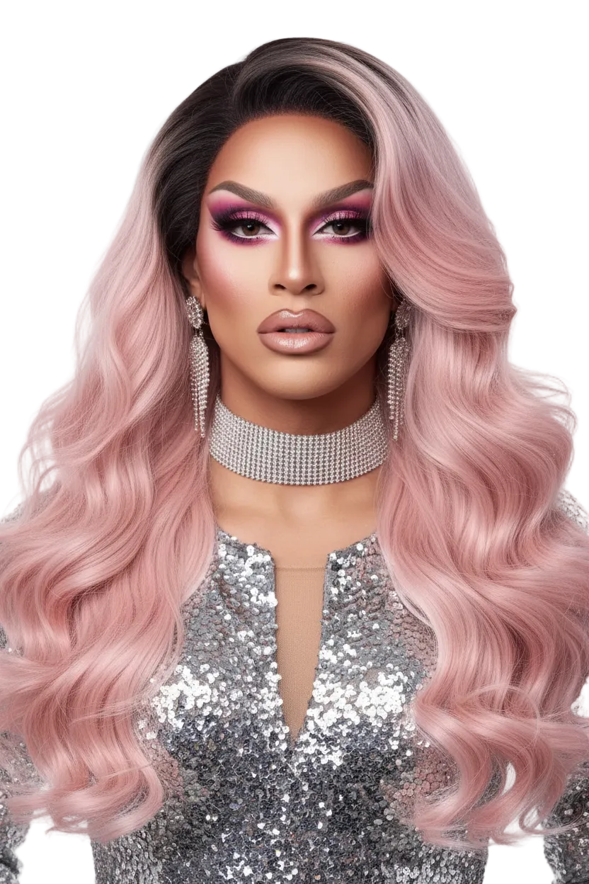 Editorial drag queen wearing pink ombre wig