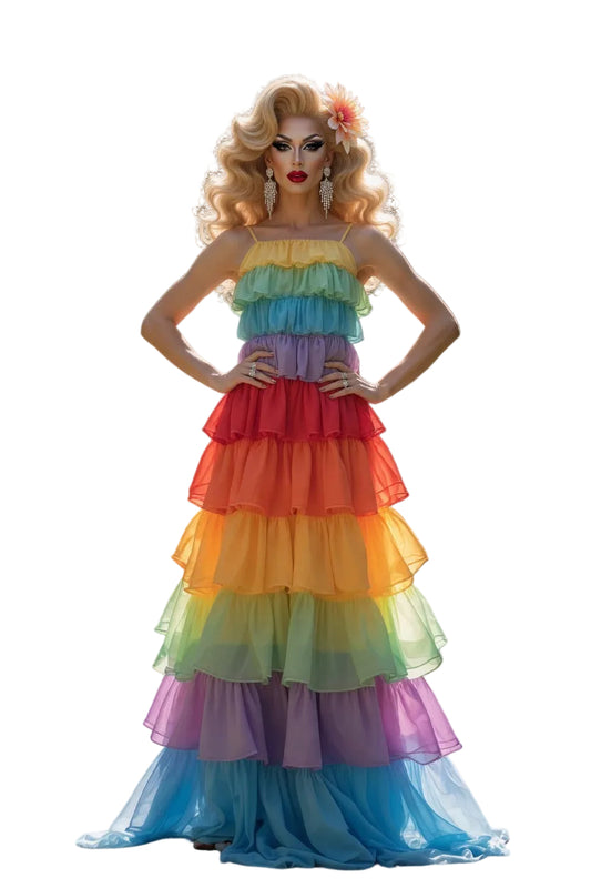 Rainbow Tiered Chiffon A-Line Gown – Drag Queen Prom & Party Dress