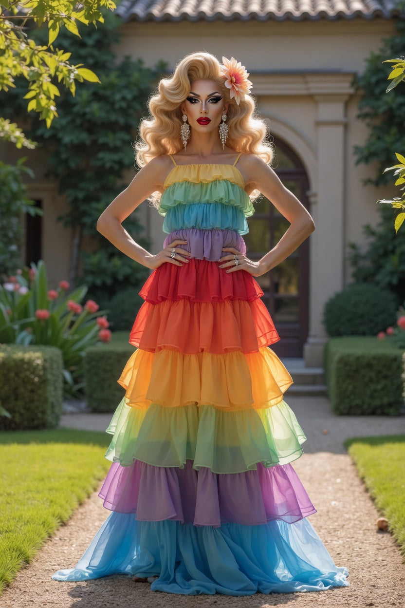 Rainbow Tiered Chiffon A-Line Gown – Drag Queen Prom & Party Dress